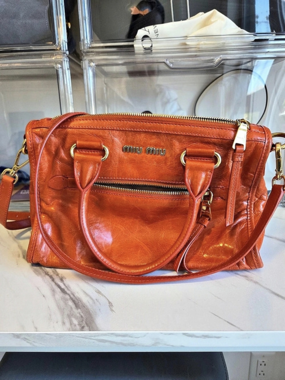 Miu Miu Vitello Shine Zippered Satchel Bag
